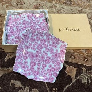 Jay & Son’s White Square Plates With Pink Floral Design NIB